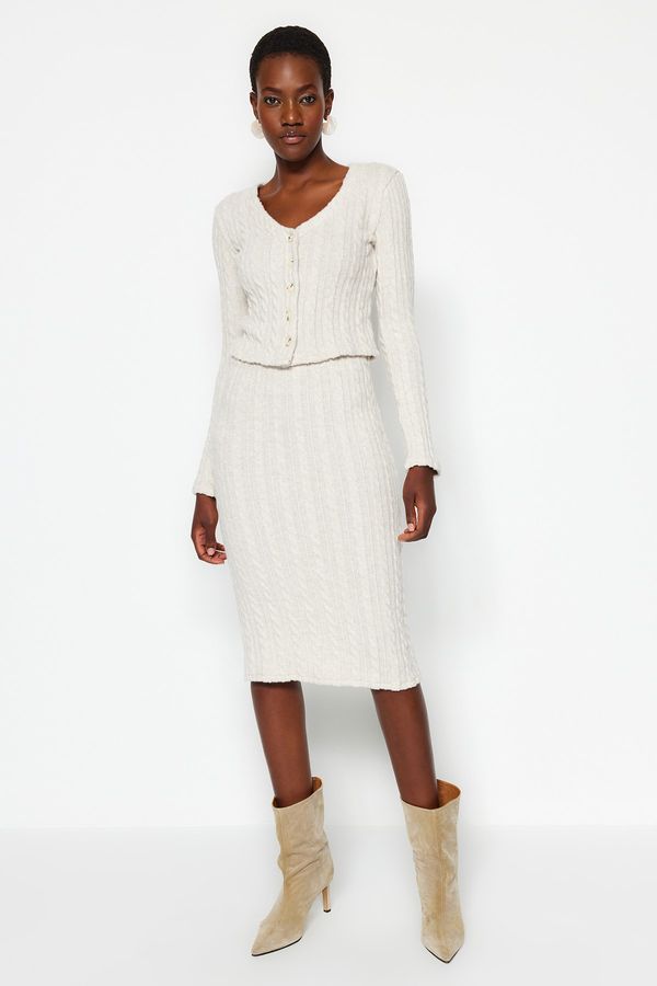 Trendyol Trendyol Stone Button Detailed V Neck Crop and Midi 2-Piece Cardigan Skirt Knitted Suit