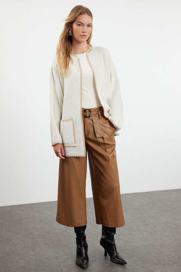 Trendyol Trendyol Stone Camel Shepherd's Stitch Detailed Knitwear Cardigan