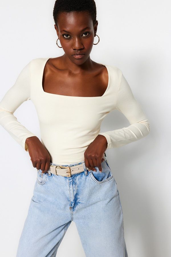 Trendyol Trendyol Stone Cotton Flexible Square Collar Fitted/Skinned Knitted Blouse