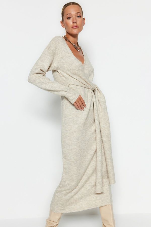 Trendyol Trendyol Stone Maxi Knitwear Double Breasted Collar Tie Dress