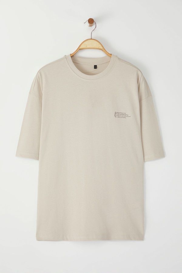 Trendyol Trendyol Stone Oversize 100% Cotton Crew Neck Minimal Text Printed T-Shirt
