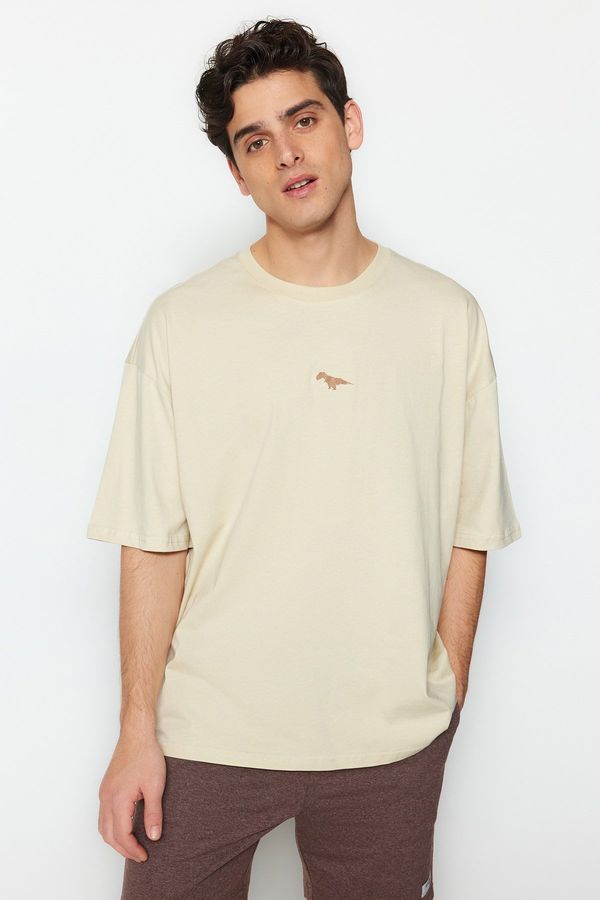 Trendyol Trendyol Stone Oversize Fit Crew Neck Short Sleeve Dinosaur Embroidered T-Shirt