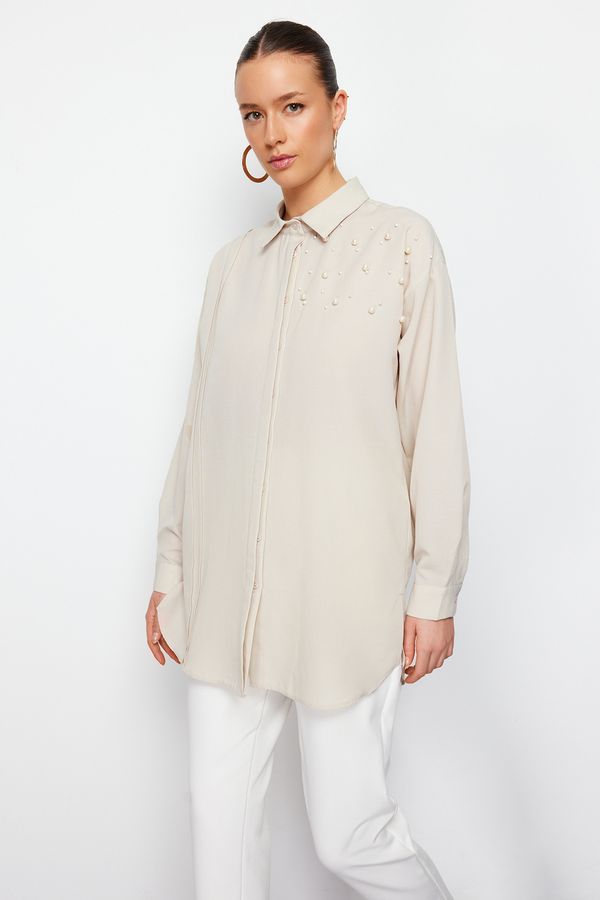 Trendyol Trendyol Stone Pearl Detailed Cotton Woven Shirt