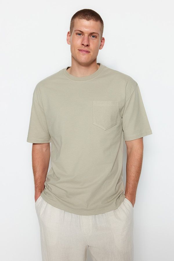 Trendyol Trendyol Stone Relaxed/Casual Fit Short Sleeve Textured 100% Cotton T-Shirt with Pocket