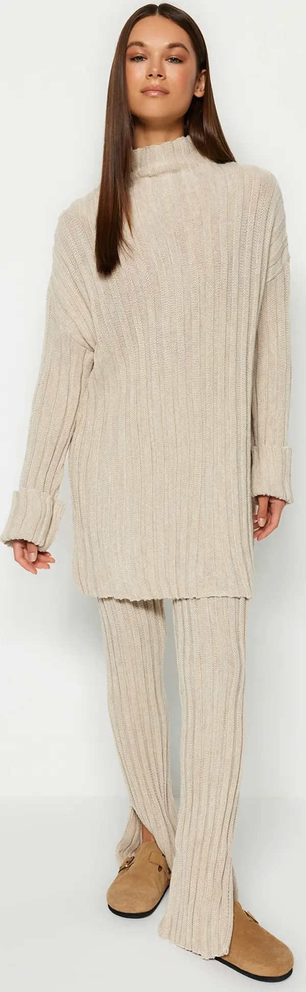Trendyol Trendyol Stone Ribbed Trousers Slit Detailed Knitwear Bottom-Top Set