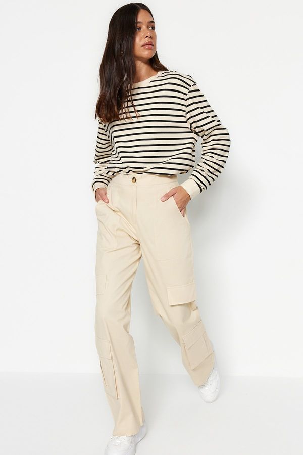 Trendyol Trendyol светло бежово висока талия широк крак широк крак тъкат 100% памук карго панталони