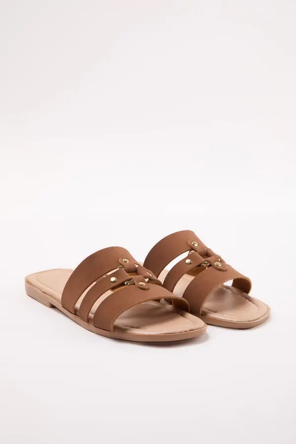 Trendyol Trendyol Tan Riveted Brown Banded Women's Slippers