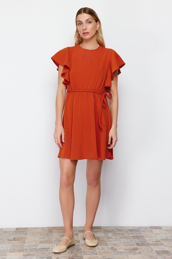 Trendyol Trendyol Tile Belted Mini Woven Dress with Flounce Sleeves Opening at the Waist