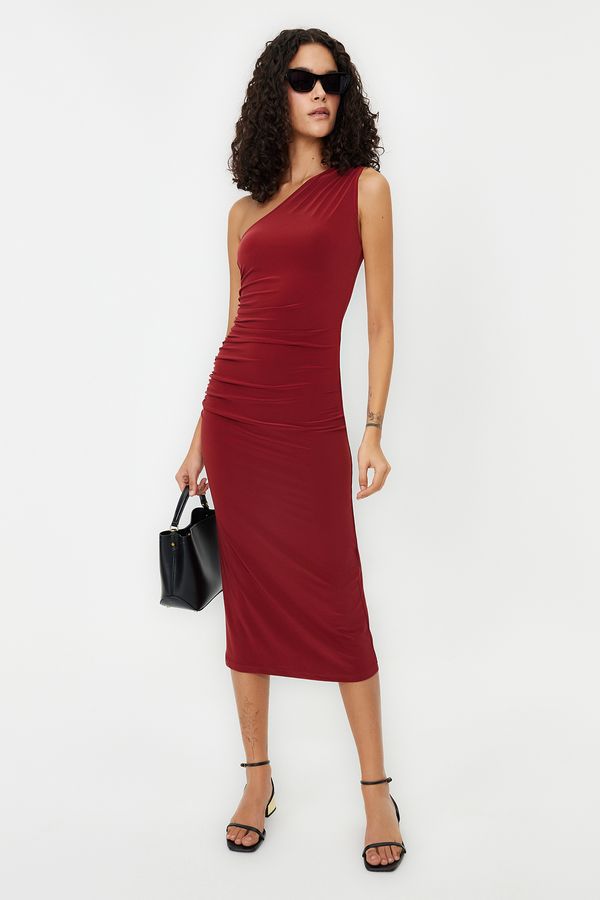 Trendyol Trendyol Tile One-Shoulder Draped Fitted Midi Stretch Knit Dress