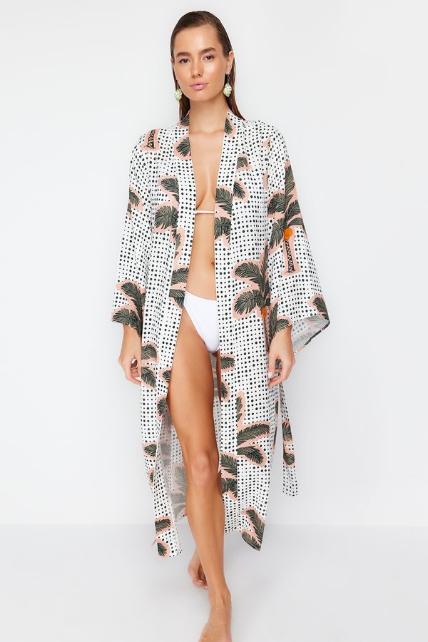 Trendyol Trendyol Tropical Patterned Belted Maxi Woven 100% Cotton Kimono&Kaftan