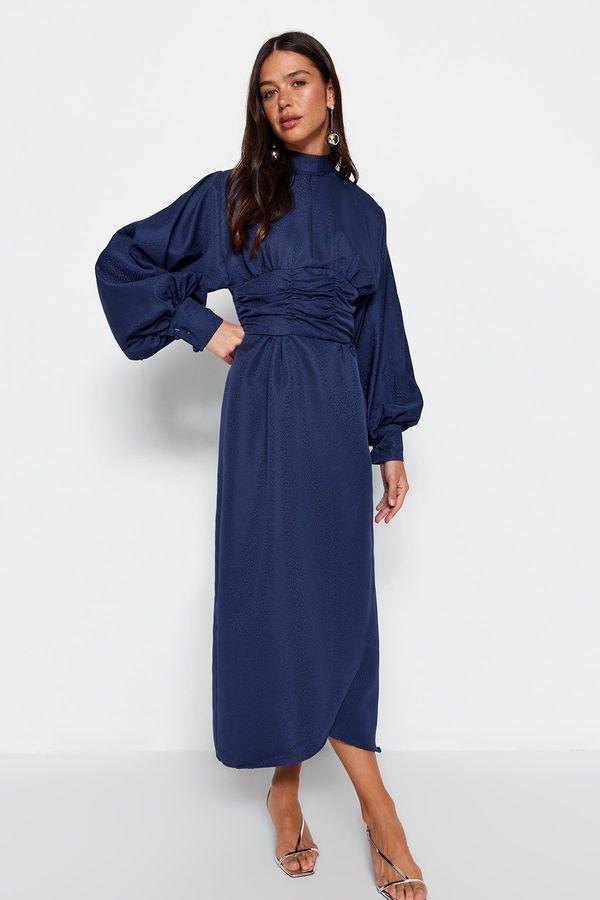 Trendyol Trendyol тъмно синя вечерна рокля с драпирана талия и балон ръкави шарени