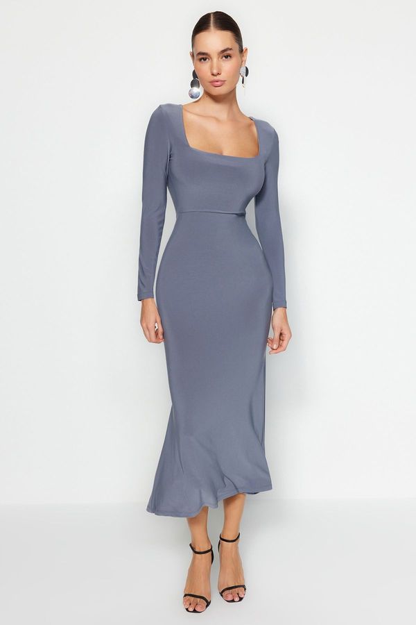 Trendyol Trendyol тъмно сиви къдри квадратно деколте монтирани/подхлъзнати Макси участък плета рокля