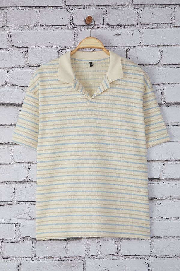 Trendyol Trendyol Unisex Blue Oversize/Wide Cut Striped Polo Neck T-shirt