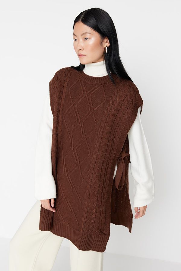 Trendyol Trendyol вратовръзка талията тъмно кафява прическа трикотаж пуловер