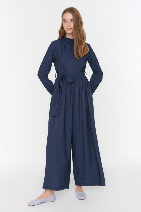 Trendyol Trendyol Weaving Indigo Belted Jumpsuit with Gipple Collar