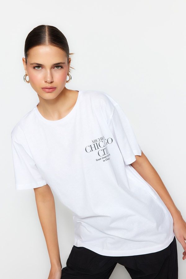 Trendyol Trendyol White 100% Cotton Front and Back City Printed Boyfriend Crew Neck Knitted T-Shirt