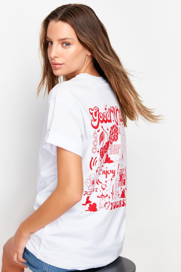 Trendyol Trendyol White 100% Cotton Front and Back Printed Boyfriend Fit Crew Neck Knitted T-Shirt