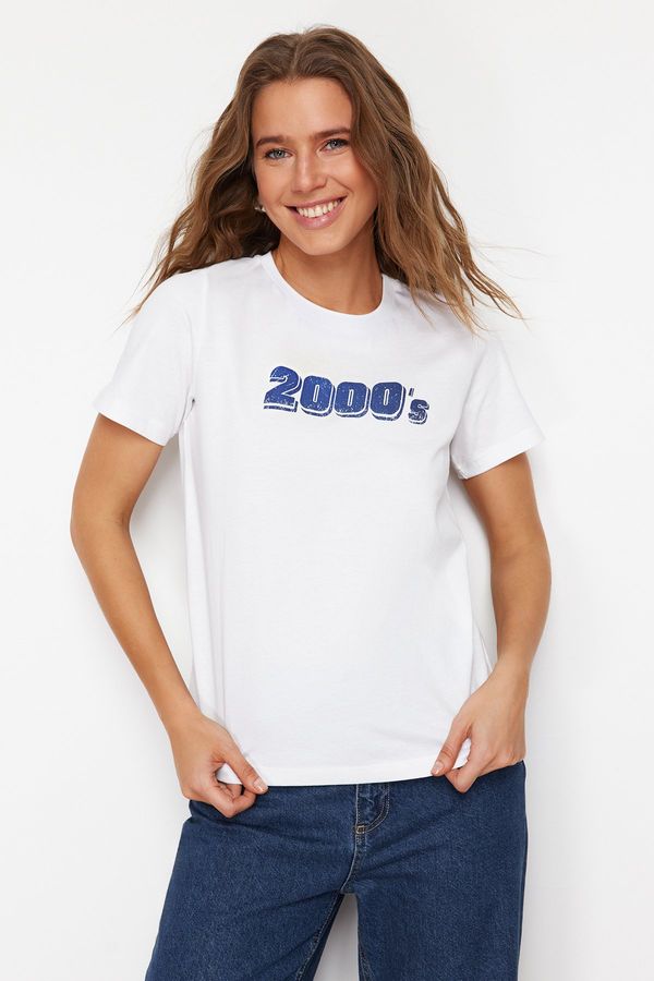 Trendyol Trendyol White 100% Cotton Printed Regular/Regular Fit Crew Neck Knitted T-Shirt