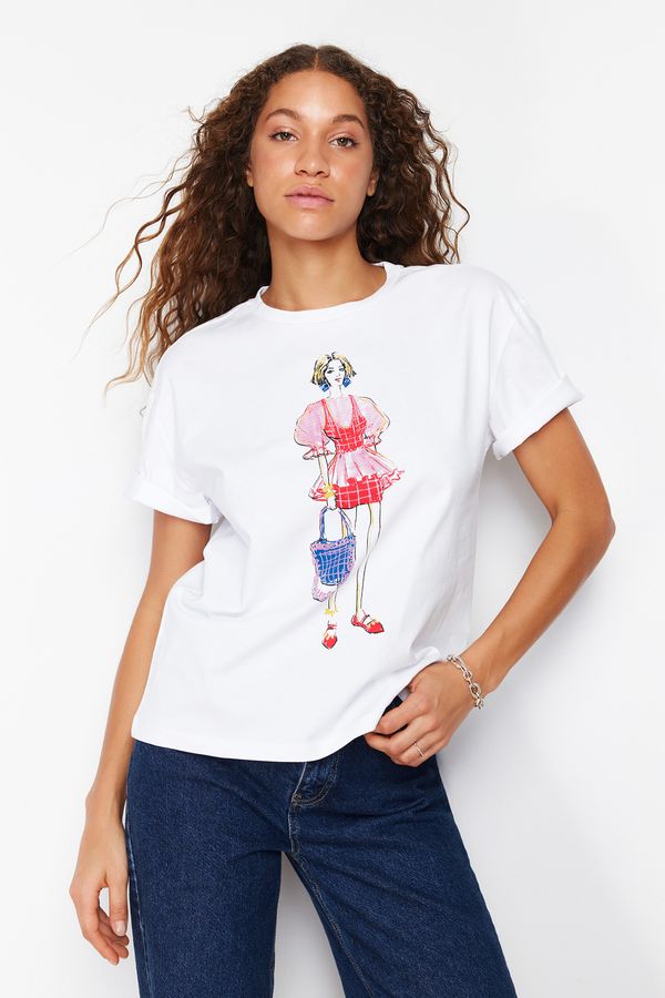 Trendyol Trendyol White 100% Cotton Printed Relaxed Knitted T-Shirt