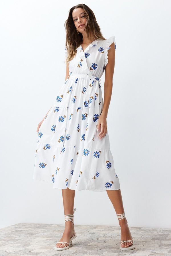 Trendyol Trendyol White Belted A-line Double-breasted Collar Midi Woven Dress