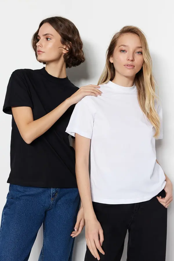 Trendyol Trendyol White-Black 2-Pack 100% Cotton Basic Stand Up Collar Knitted T-Shirt