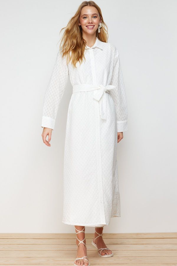 Trendyol Trendyol White Floral Belted Embroidered/Guipure Lined Woven Shirt Dress