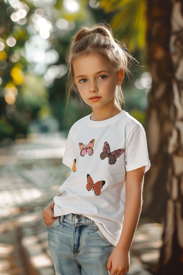 Trendyol Trendyol White Girl Butterfly Patterned Cotton Knitted T-Shirt