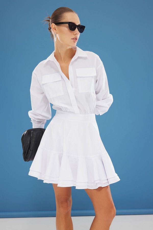 Trendyol Trendyol White Mini Woven Dress with Flounce Detail and Opening Skirt at the Waist