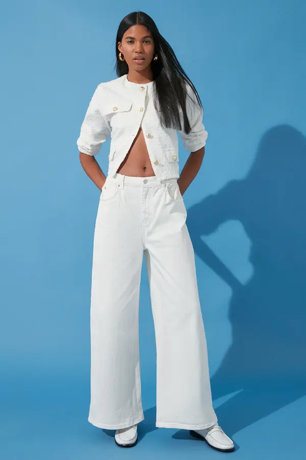 Trendyol Trendyol White More Sustainable Elastic Waist High Waist Extra Wide Leg Palazzo Jeans