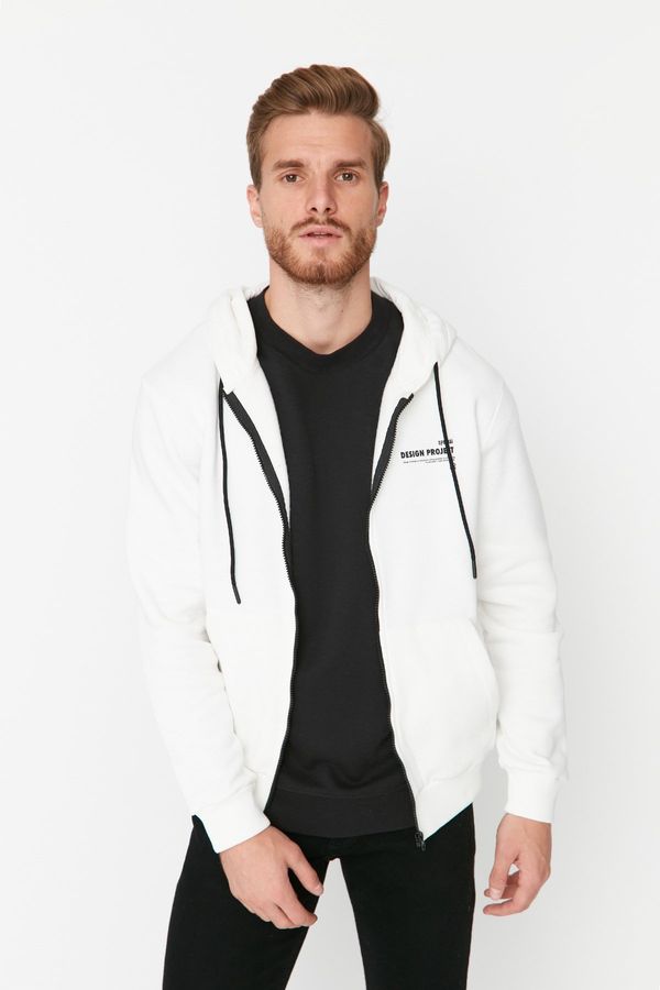 Trendyol Trendyol White Regular Cut Hooded Slogan Printed Fleece/Warm Sweatshirt