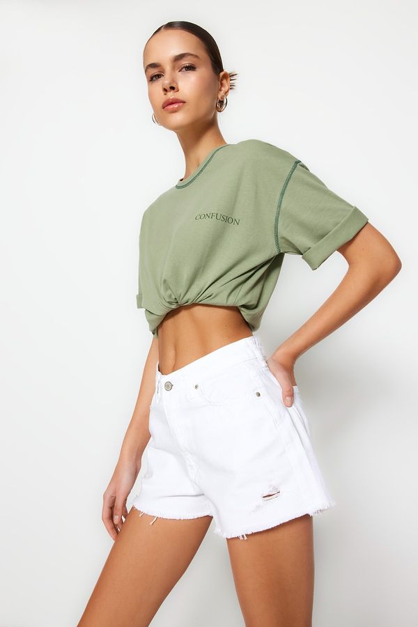 Trendyol Trendyol White Ripped Regular Waist Denim Shorts