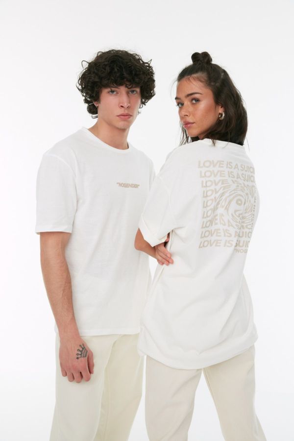 Trendyol Trendyol White Unisex Relaxed/Comfortable Cut Text Printed 100% Cotton T-Shirt