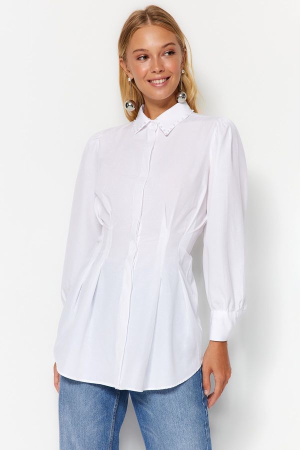 Trendyol Trendyol White Waisted Woven Shirt with Pearl Detail
