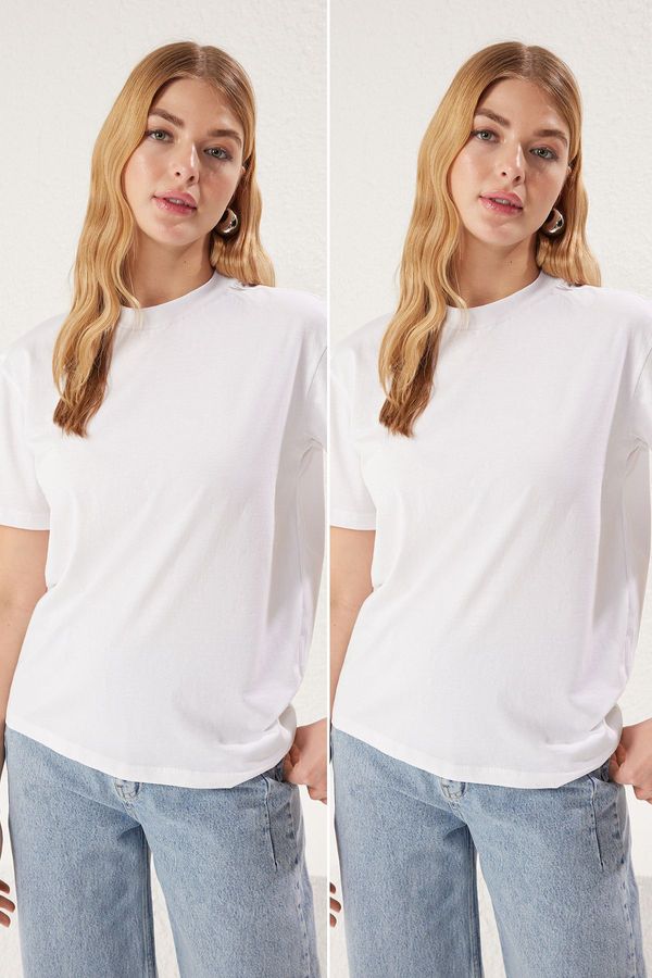 Trendyol Trendyol White-White 2-Pack 100% Cotton Basic Stand Collar Knitted T-Shirt