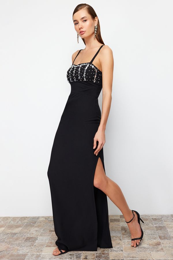 Trendyol Trendyol Woven Long Evening Dress with Black Stone Accessories
