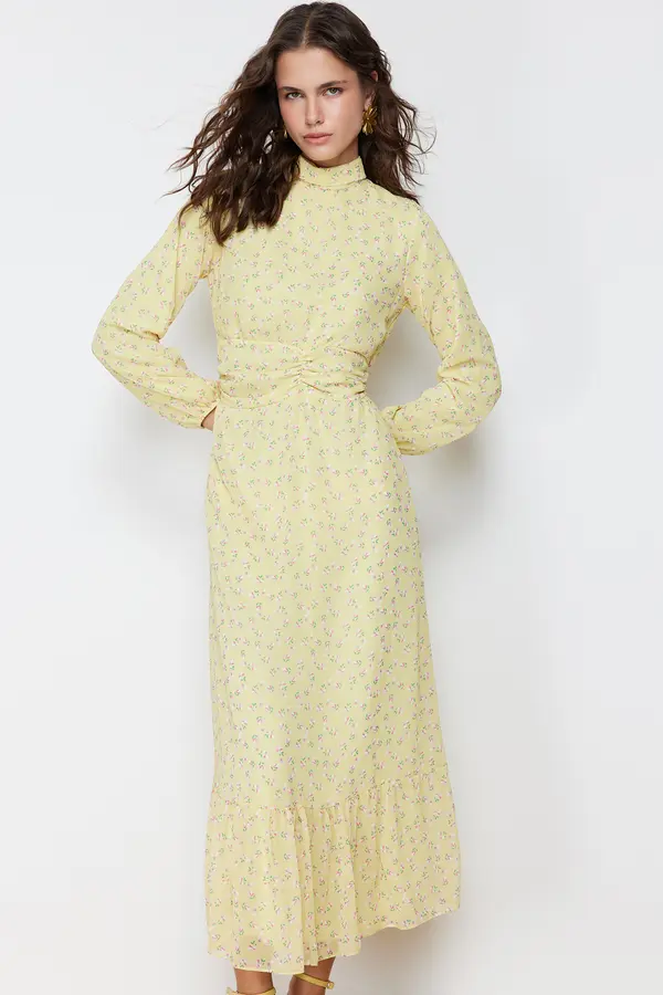 Trendyol Trendyol Yellow Floral High Neck Waist Detailed Lined Chiffon Woven Dress