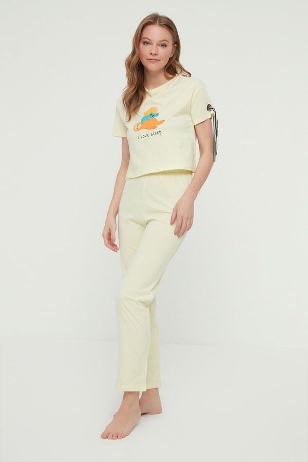 Trendyol Trendyol Yellow Printed Stripe Knitted Pajamas Set