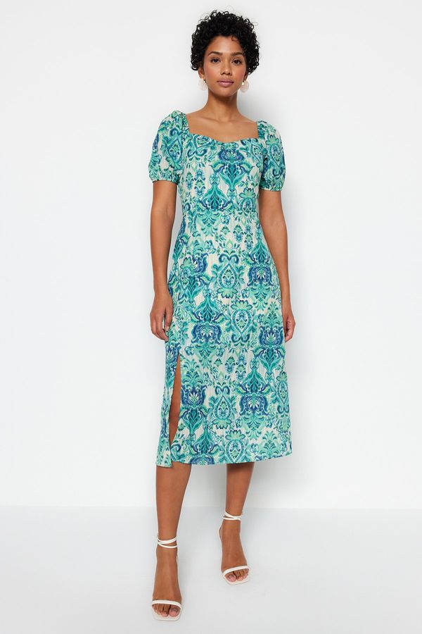 Trendyol Trendyol зелен квадратен врат цепка шарени тъкани Midi тъкани рокля