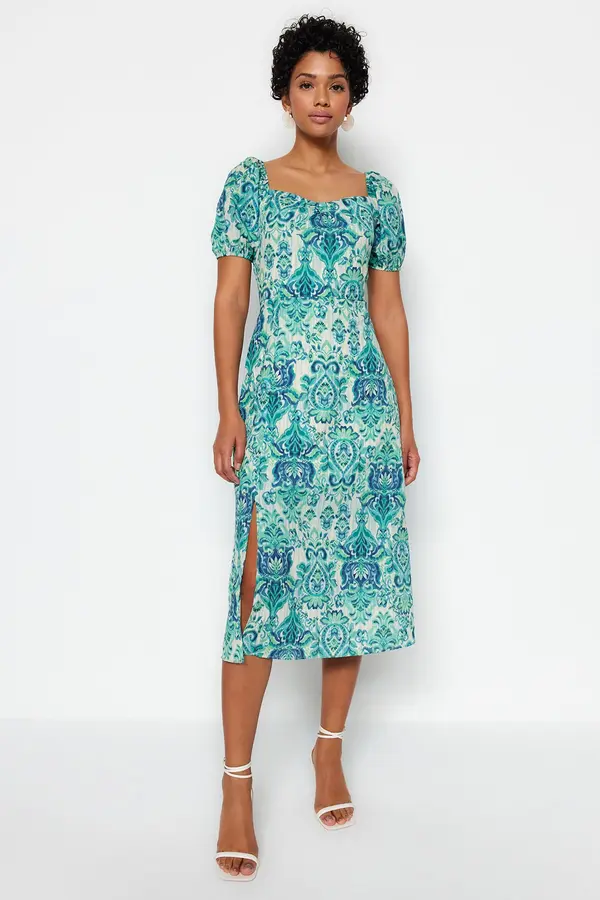 Trendyol Trendyol зелен квадратен врат цепка шарени тъкани Midi тъкани рокля