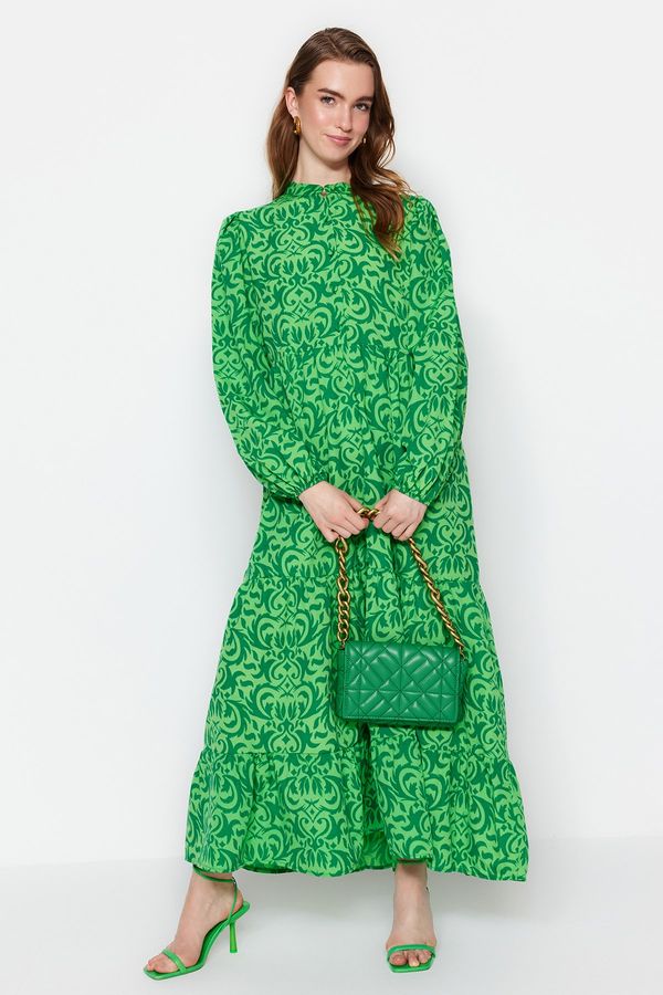 Trendyol Trendyol зелен шарени половин лапа широк годни памук тъкани рокля