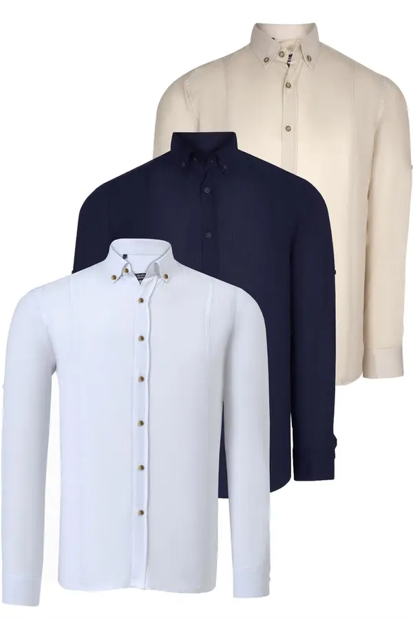 dewberry TRIPLE SET G721 DEWBERRY MEN'S SHIRT-NAVY-WHITE-BEIGE