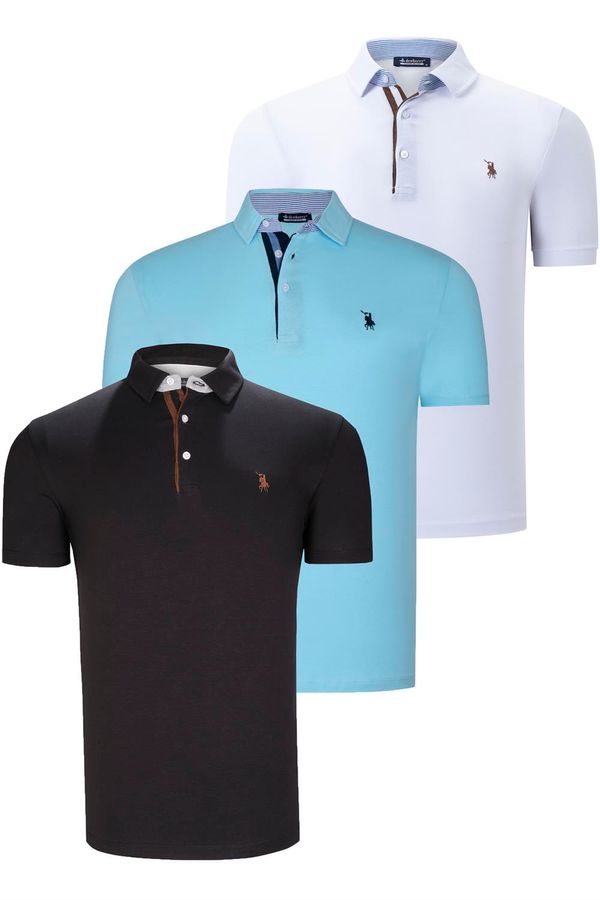 dewberry TRIPLE SET T8582 DEWBERRY MENS T-SHIRT-BLACK-WHITE-CYAN