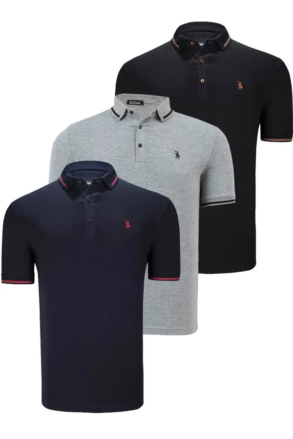 dewberry TRIPLE SET T8586 DEWBERRY MEN'S T-SHIRT-BLACK-NAVY-GREY