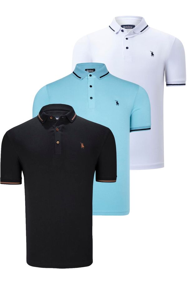 dewberry TRIPLE SET T8586 DEWBERRY MEN'S T-SHIRT-BLACK-WHITE-CYAN