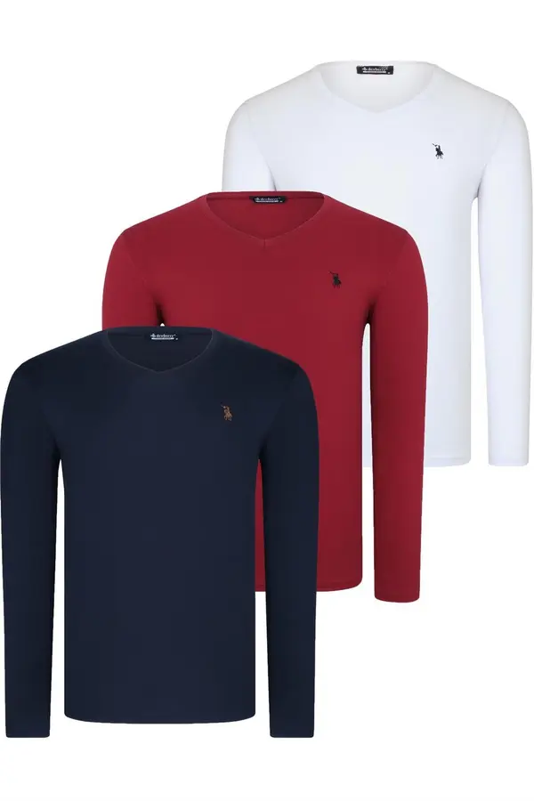 dewberry TRIPLE SET T8587 DEWBERRY V-NECK MEN'S SWEATSHIRT-WHITE-NAVY-BURGUNDY