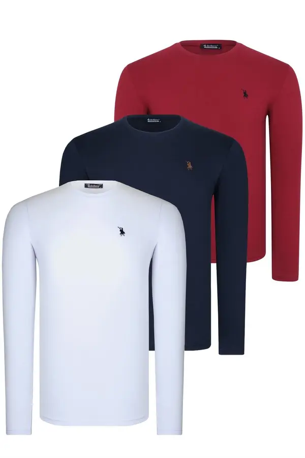 dewberry TRIPLE SET T8588 DEWBERRY ROUND NECK MEN'S SWEATSHIRT-WHITE-NAVY-BURGUNDY