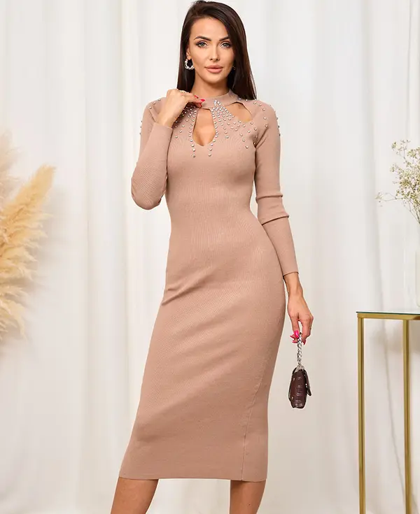 Resti Тъмнокафява дамска оребрена рокля Resti