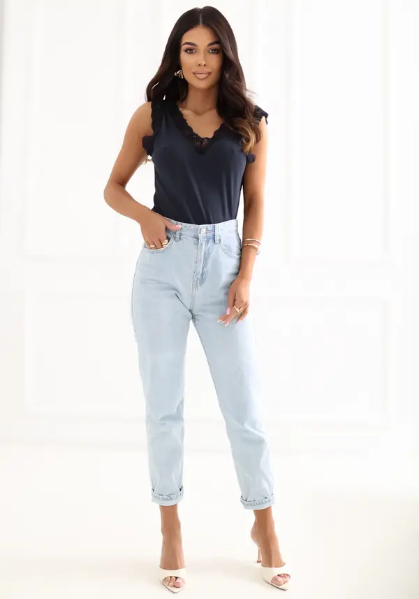 Italy Moda Тъмносин оребрен топ с V-образно деколте