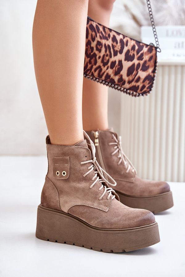 Zazoo Велурени дамски ботуши на платформа и клин, изолирани бежови Zazoo 60499