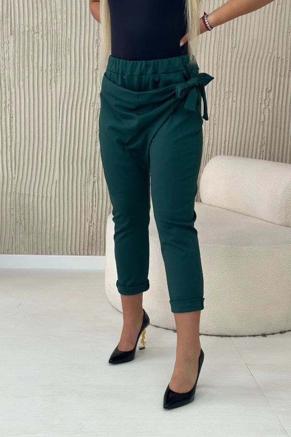 Włoski Viscose trousers with asymmetrical tie at the front, dark green